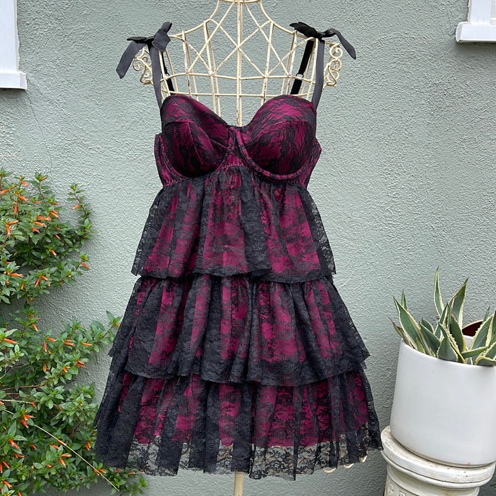 Cacique Black & Burgundy Lace Tiered Babydoll Chemise